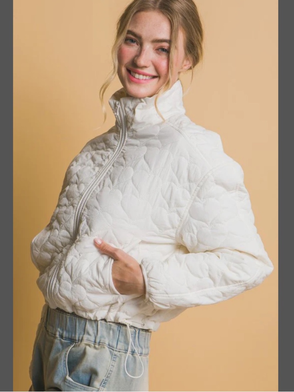 Cream Heart Quilted Zip-Up packable Jacket